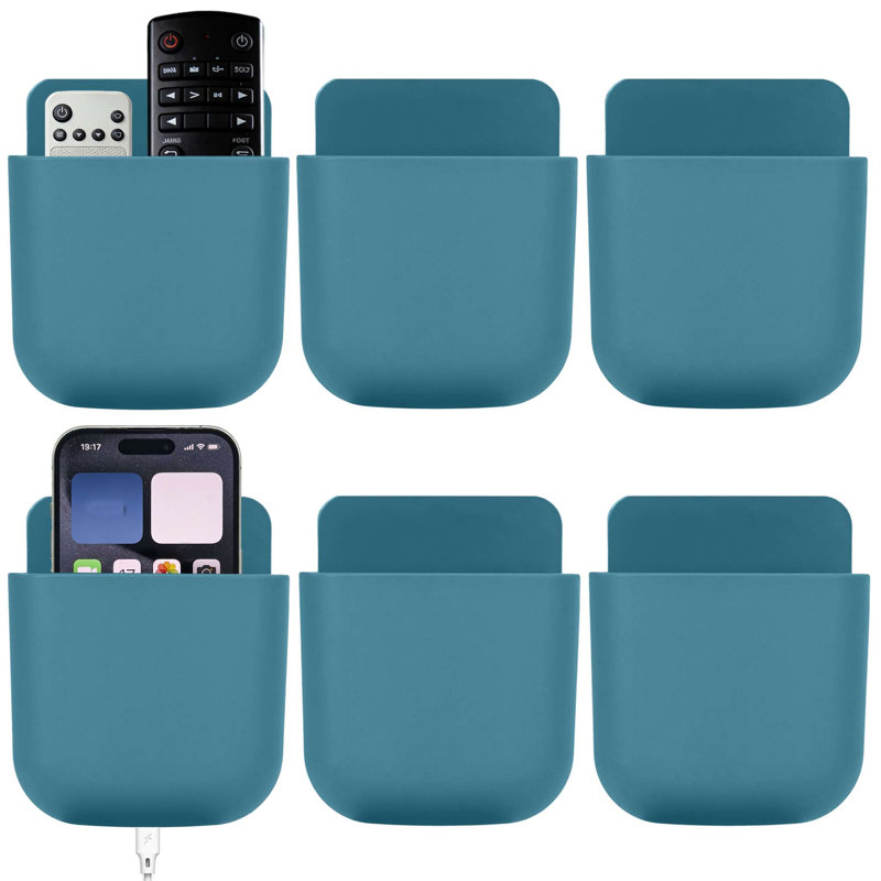 6 Pack No Drill Remote Control Holder Self Adhesive Wall Mount Storage Caddy Organizer for TV Remotes, Phone, Pen, Blue