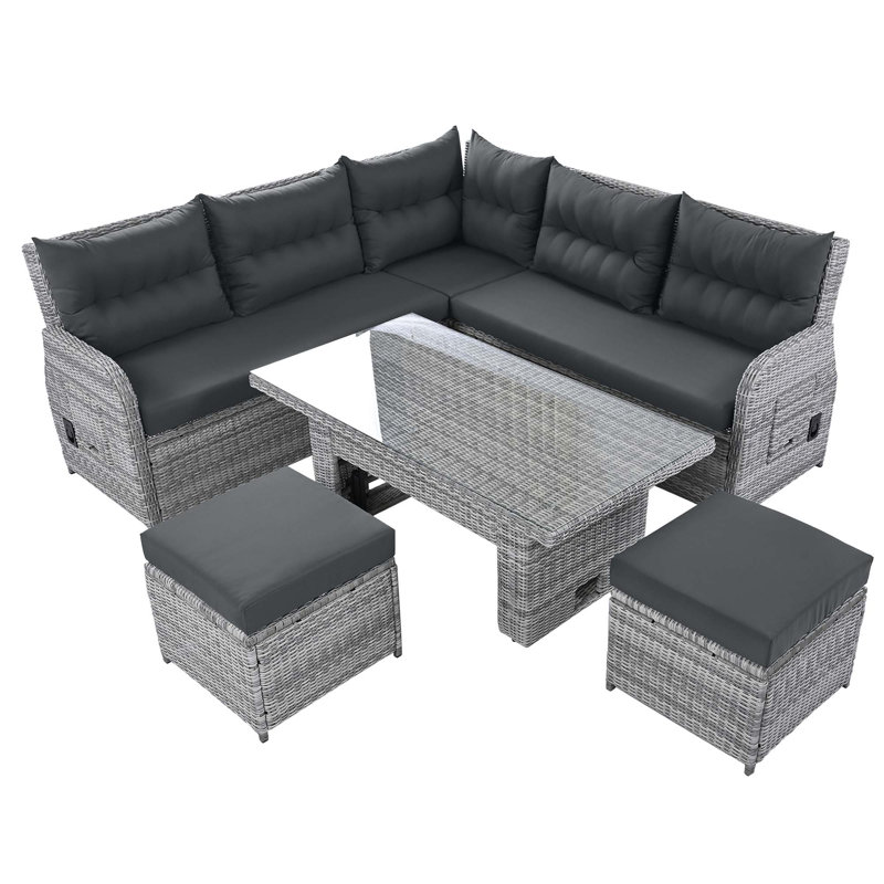 Ensemble de meubles de patio en rotin avec 1 table réglable, fauteuils inclinables avec tables d'appoint extensibles et 2 repose-pieds