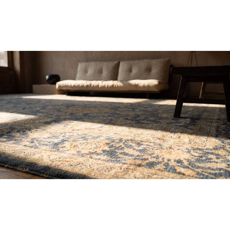 Square Wool 1930s Allover Floral Hand Knotted Pile Large Blue Antique Rug