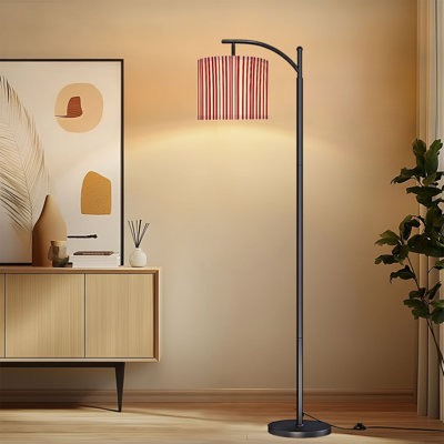 Arc Floor Lamp with Adjustable Lampshade Red Cream Vertical Stripes Thin Lines Standing Lamp 3 Color Temperatures Dimmable Tall Pole Lamp with Foot Switch for Bedroom