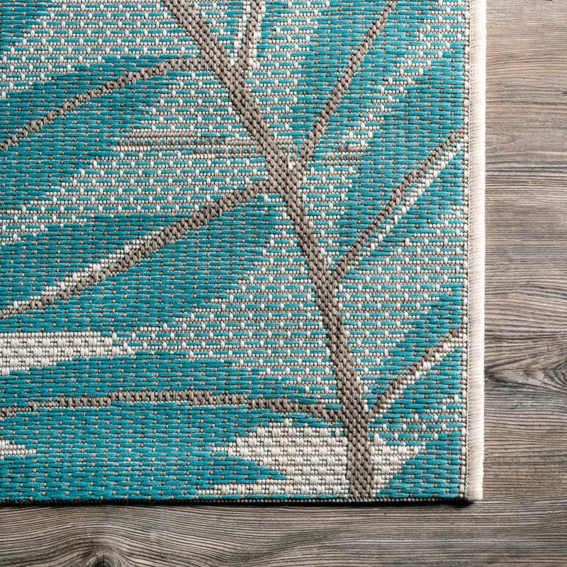 Rowley Leaf Teal/Ivory Indoor/Outdoor Area Rug, Rectangle 5'3" x 7'6"