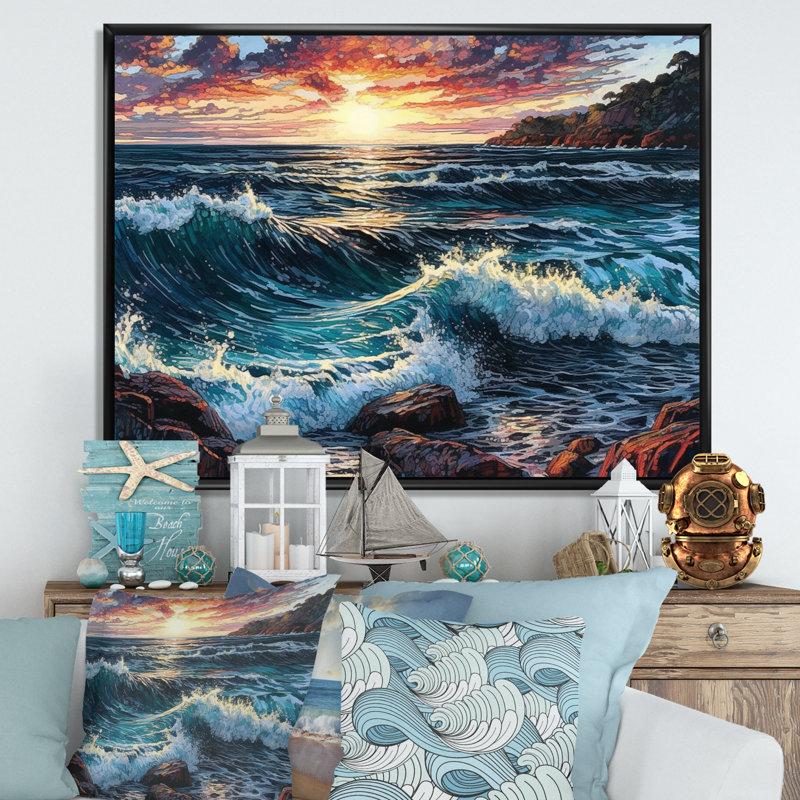 Coucher de soleil vert sur la plage - impression, H 12 po x l 20 po x P 1 po, Cadre flottant noir