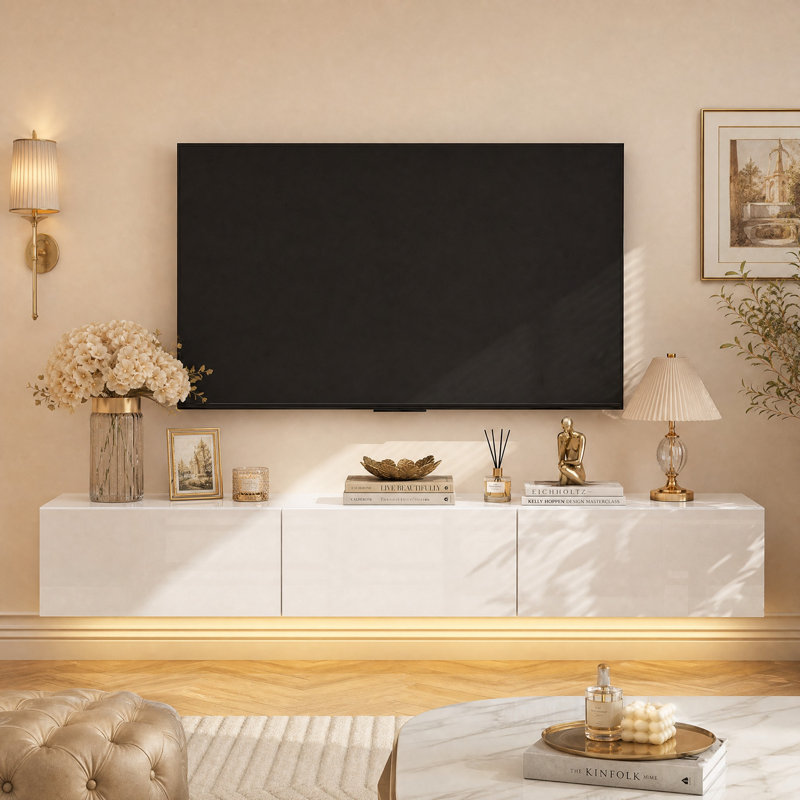 Meuble télé mural de 63 pouces avec éclairage DEL 44 couleurs, 3 tiroirs et application/télécommande, Blanc