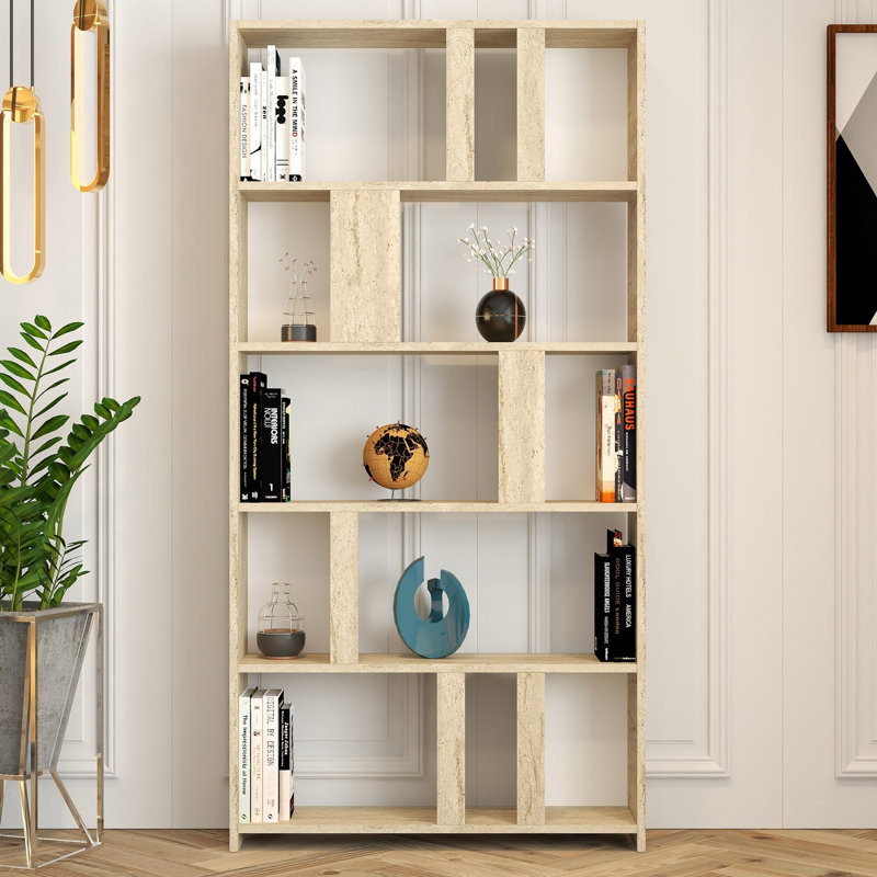 Elegant Modern Bookshelf, Travertine Color, 35.4 x 70.9 x 7.9 inches | 100% Melamine Coated Particle Board, Thickness: 0.7 inches | Stylish & Functional Storage Solution for Home or Office, Marble Finish