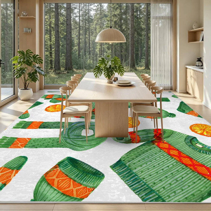 Tapis intérieur orange lavable à la machine, motif aquarelle « Objets d'hiver », Rectangle 79" x 118"