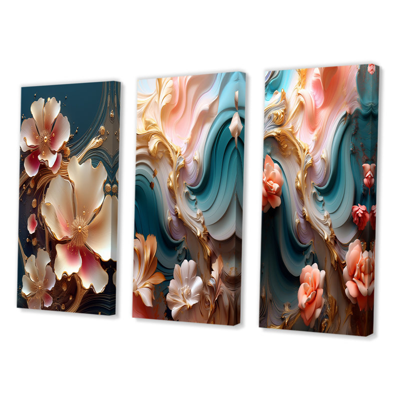 «Blooming Pink Magnolia Abstract Flower On Blue», 3 pièces sur toile, H 28 po x l 36 po, Toile tendue
