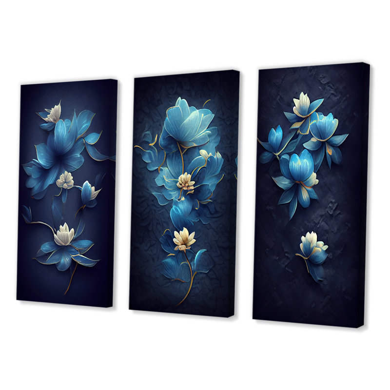 «Fleurs bleues et blanches chinoises», 3 pièces sur toile, Toile tendue, H 20 po x l 36 po