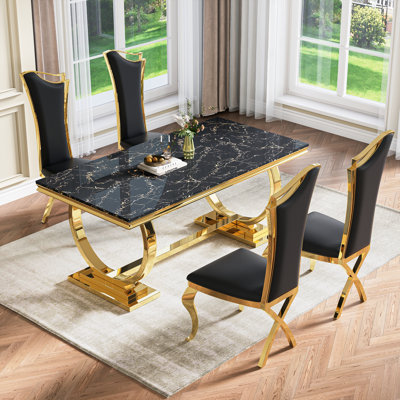 7 Pieces Luxury Kitchen Dining Table Set Of 6,70”Faux Marble Top With U-Shape Metal Base Dining Table For Kitchen, Dining Room
