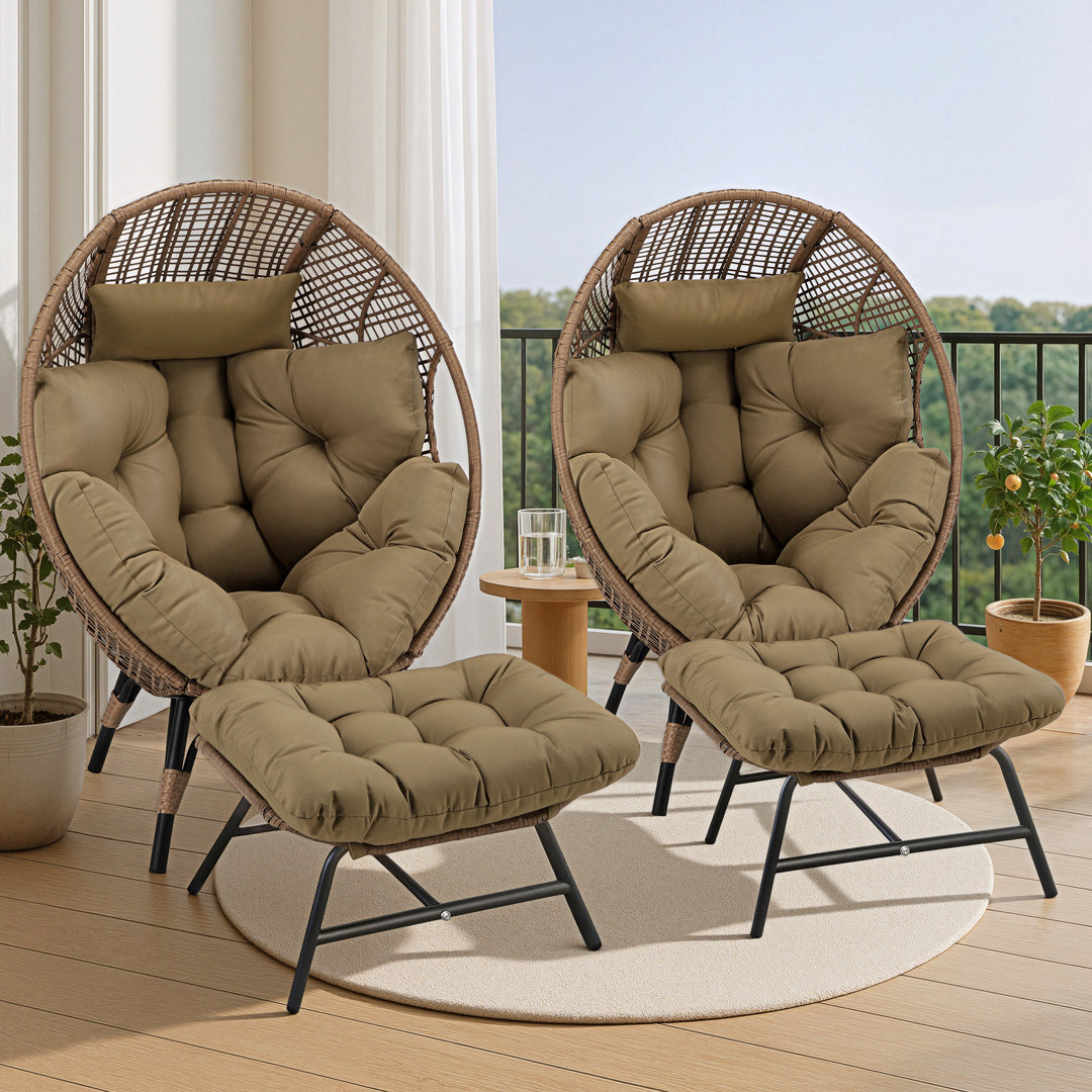 Bagryana 2-Piece Outdoor Wicker Egg Chair Set with Ottomans and Cushions – Indoor/Outdoor Patio Lounge Chairs Bayou Breeze Cushion