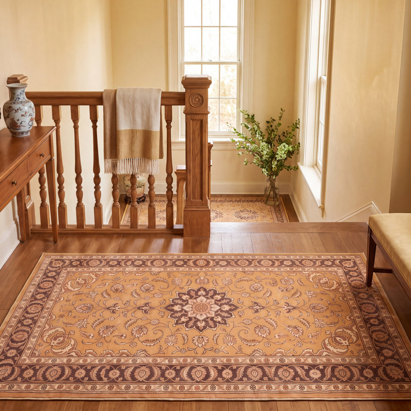 Tapis Manor traditionnel à médaillon délavé, style persan, orange, vert et crème, lavable à la machine, antidérapant, à poils courts, pour l'intérieur et l'extérieur, adapté aux animaux domestiques, idéal pour le salon, la chambre, la salle à manger, l'entrée, le couloir ou le bureau.