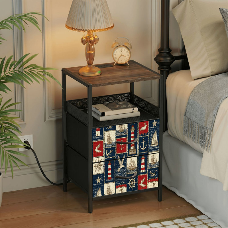 Table de chevet 2 tiroirs avec station de charge, table de chevet de chambre à coucher avec ports USB et prises USB