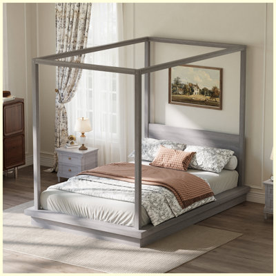 Queen Size Wooden Canopy Platform Bed with Headboard, Gray Finish