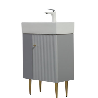 Meuble-lavabo à tablettes ouvertes 21,6 po avec lavabo en céramique, porte à fermeture en douceur, tablette de rangement gauche, assemblage requis