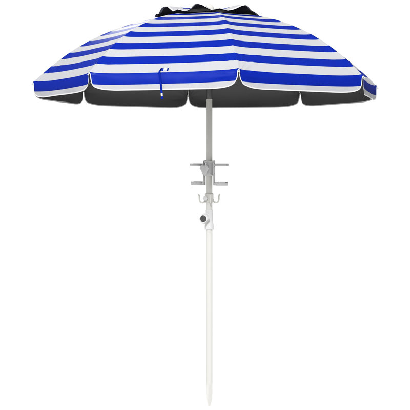 Parasol de plage inclinable et réglable, housse de protection 40+, 2 porte-gobelets et crochets, parasol portatif à rayures bleues et blanches, système à hauteur contrôlée, auvent, crochet ventilé