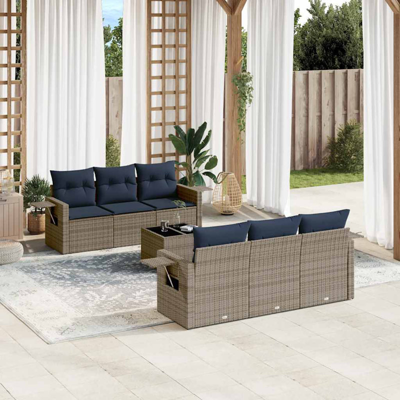 Ensemble de canapé de patio 7 pièces avec coussins en rotin de polyester, Gris, Marine
