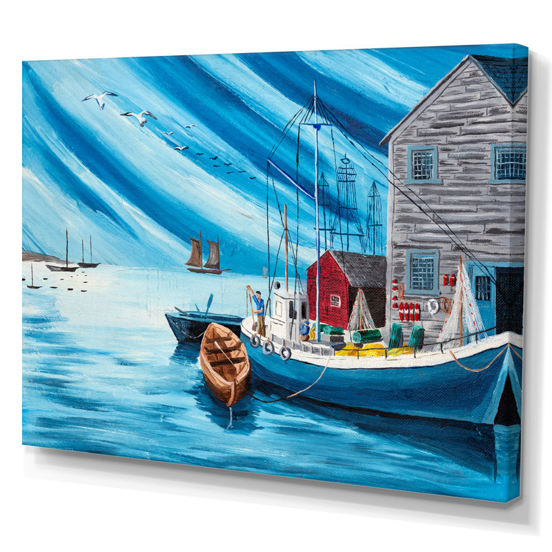 Bateau de pêcheur dans le port - art nautique et côtier sur toile, H 8 po x l 12 po x P 1,5 po, Toile tendue