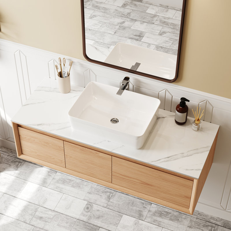 48" Wall-Mounted Bathroom Vanity with Ceramic Vessel Sink Pre-Assembled Floating Vanity with Soft-Close Drawers Solid Wood Board Base Cabinet