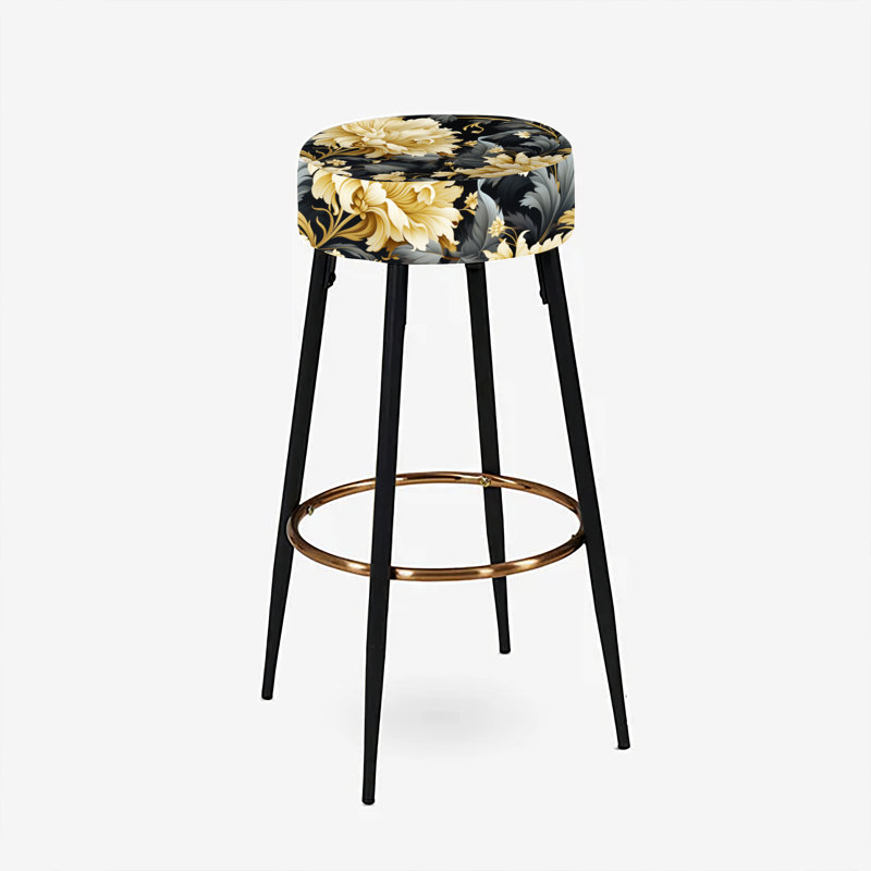 Luxueux ensemble de 2 tabourets de bar damassés à motif de fleurs noires et beiges