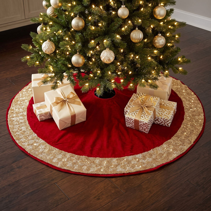 Jupe d'arbre de Noël en velours avec bordure dorée perlée à la main , 72 po, Rouge