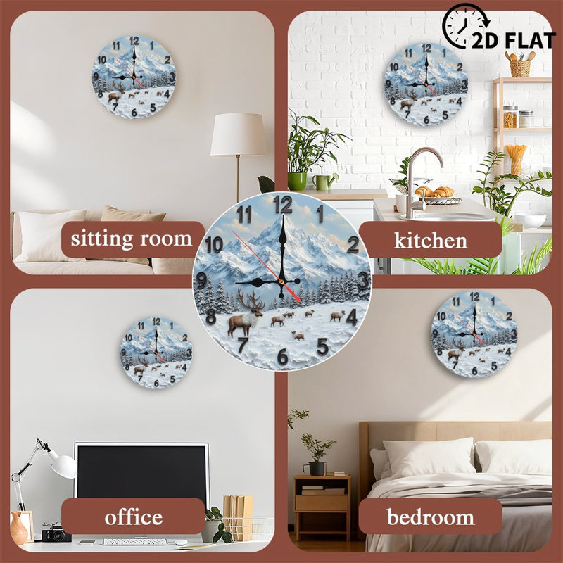 Winter Reindeer Mountain Clock Wall Art Decor