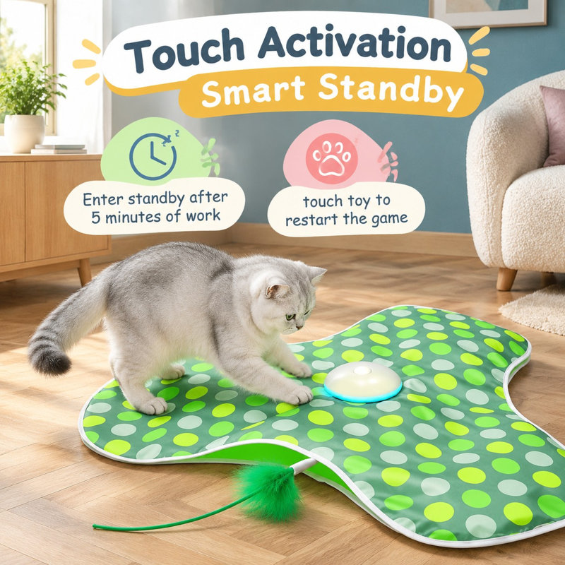 Ce jouet de cache-cache automatique à plumes mobiles, conçu pour l'exercice des chats d'intérieur, est activé par le mouvement, émet des gazouillis et fonctionne sur batterie rechargeable par USB.