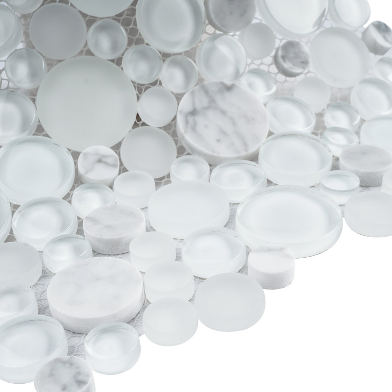 10.5" x 10.5" Bubble Art Random Marble Look Mosaic Wall Tile, White