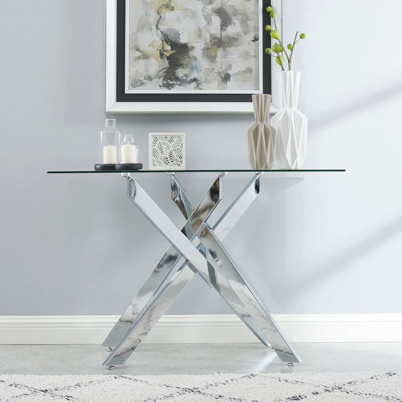 Silver Metal Console Table with Tempered Glass Top, 45"