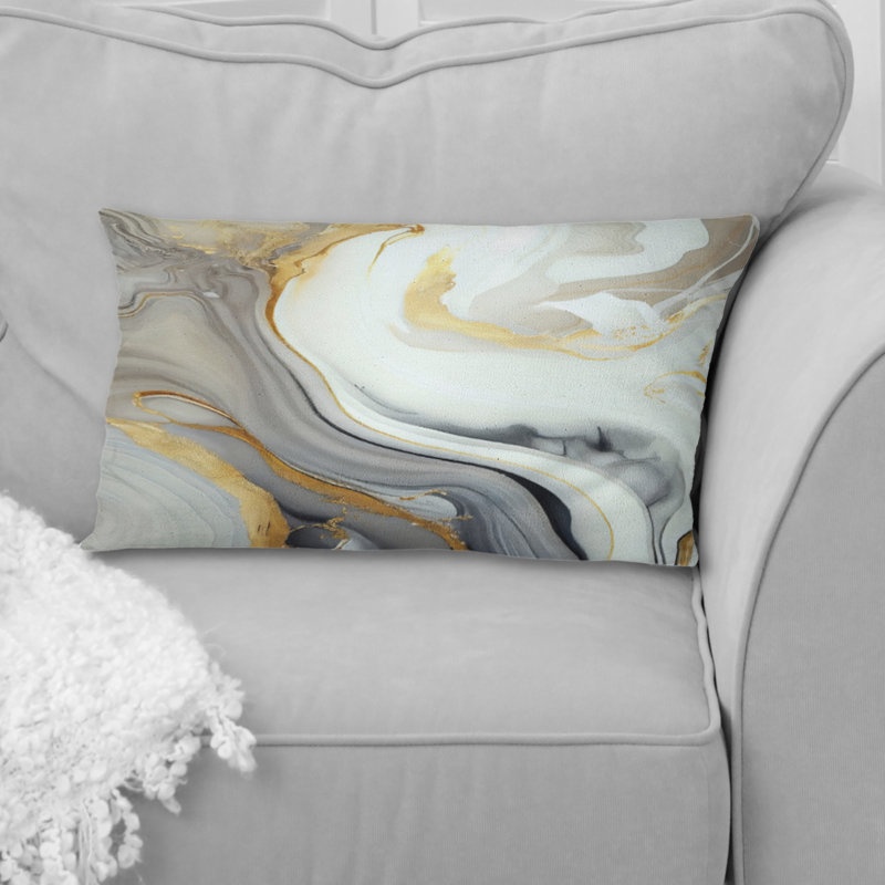 Marbre blanc et or abstrait III - coussin abstrait en marbre, H 12 po x l 20 po