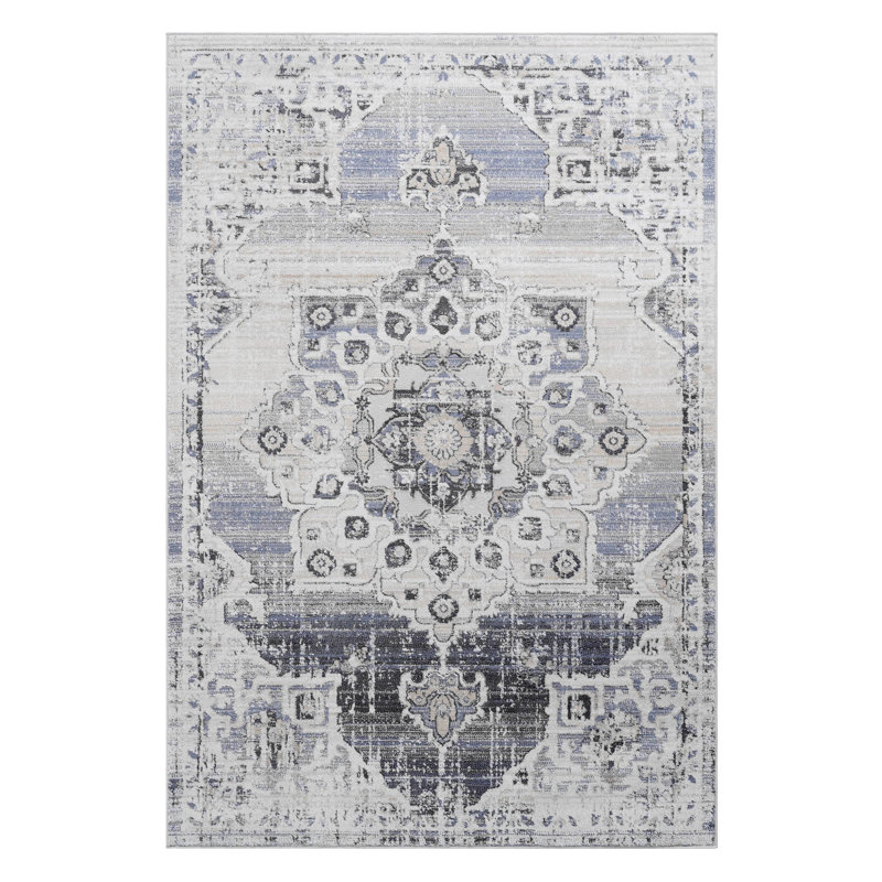 Tapis crème / bleu / médaillon, Rectangle 7 pi 9 po x 10 pi