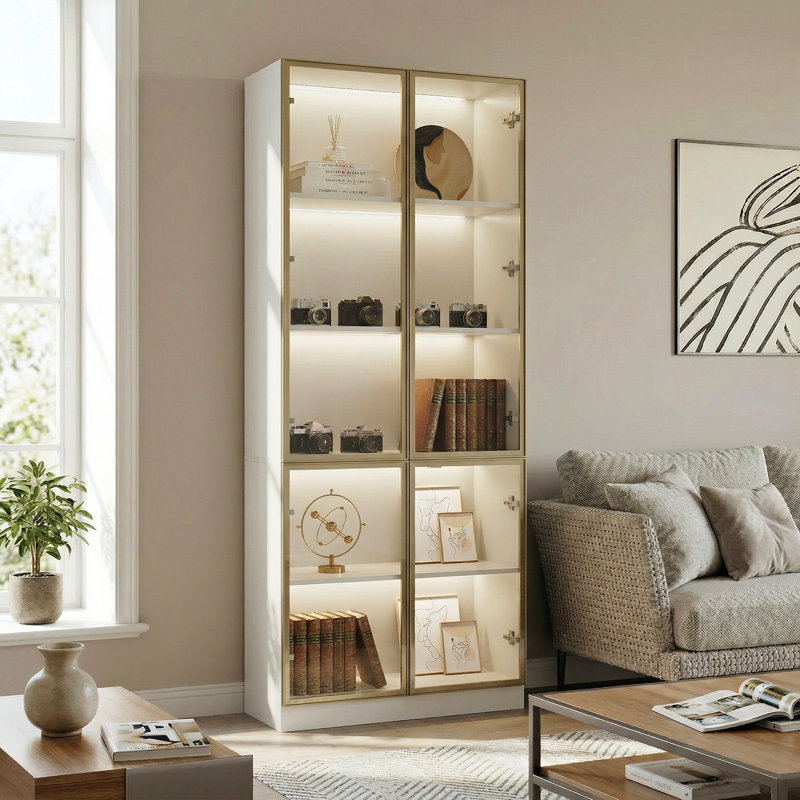 5-Shelf Display Cabinet With Adjustable Lights And Tempered Glass Door, White