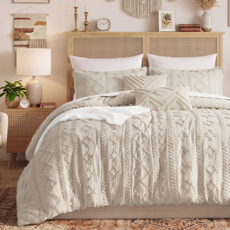 Bedsure King Tufted Boho Comforter Set - Beige Geometric Design, Farmhouse Embroidery, Soft 5-Piece Bedding Set, All Season