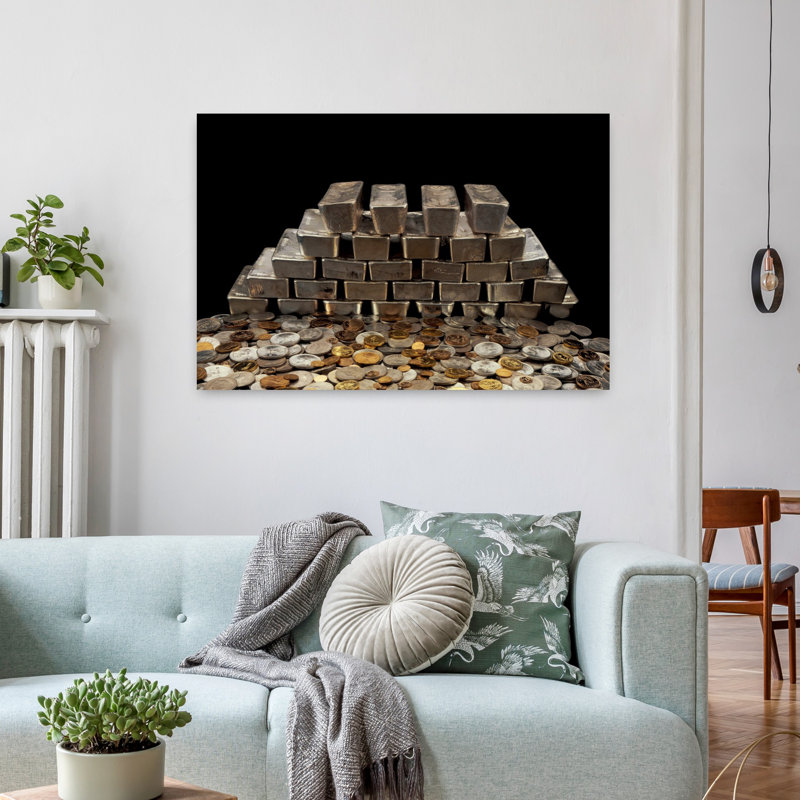 Pile de lingots d'argent et pile de pièces de monnaie, art contemporain abstrait, H 24 po x l 36 po