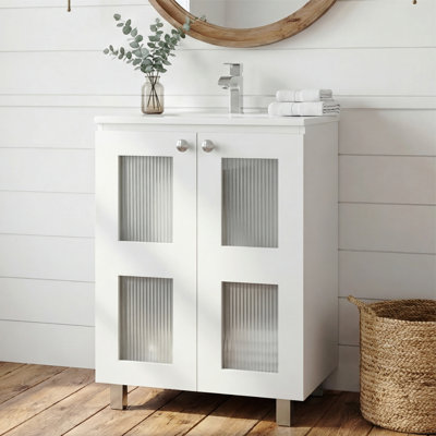 Armoire de salle de bain avec 2 portes en verre givré, lavabo en résine et 2 tablettes intérieures, meuble-lavabo compact rétro et moderne