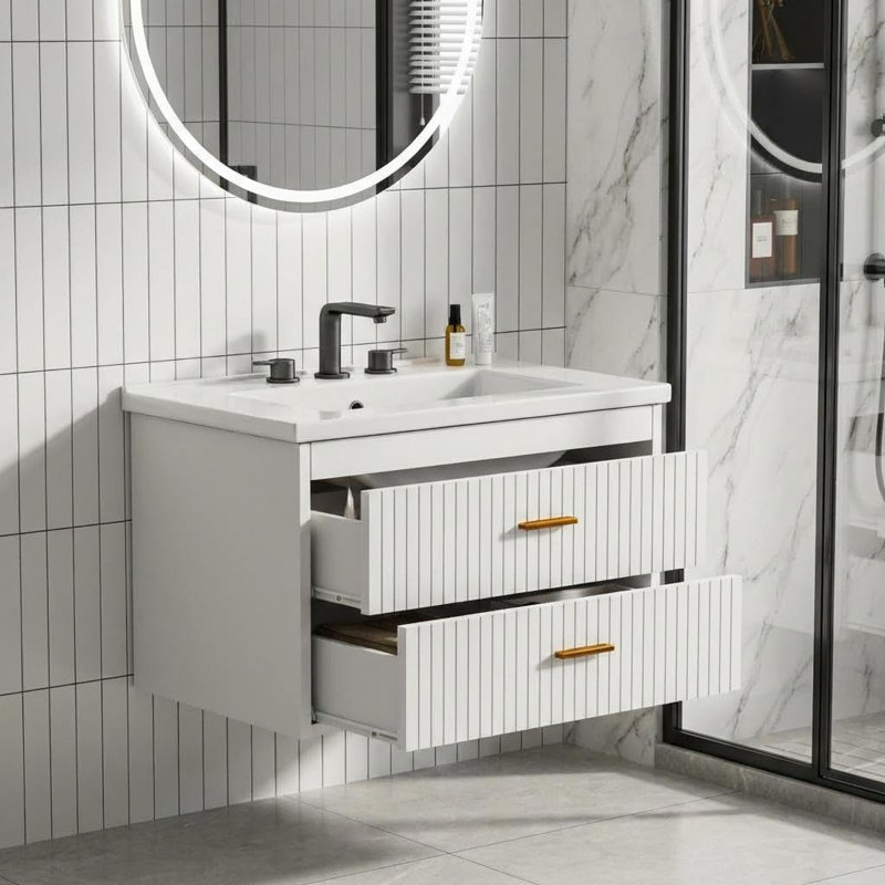 30" Wall-Mounted Bathroom Vanity with Sink, Floating Storage Cabinet with 2 Drawers, Space-Saving Design, Chrome