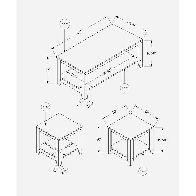 Living Room Table Set with 1 Coffee Table and 2 End Tables with Storage Shelf, Gray