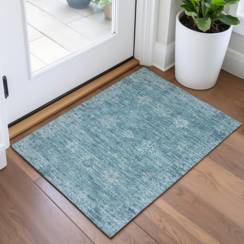 Tapis bleu sarcelle lavable à la machine intérieur / extérieur Xhevrie, Rectangle 1 pi 8 po x 2 pi 6 po