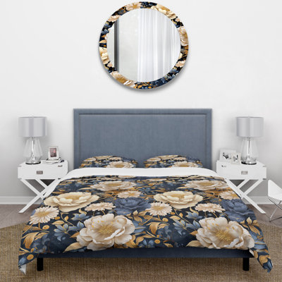 Ensemble de housse de couette motif pivoines bleues et beiges