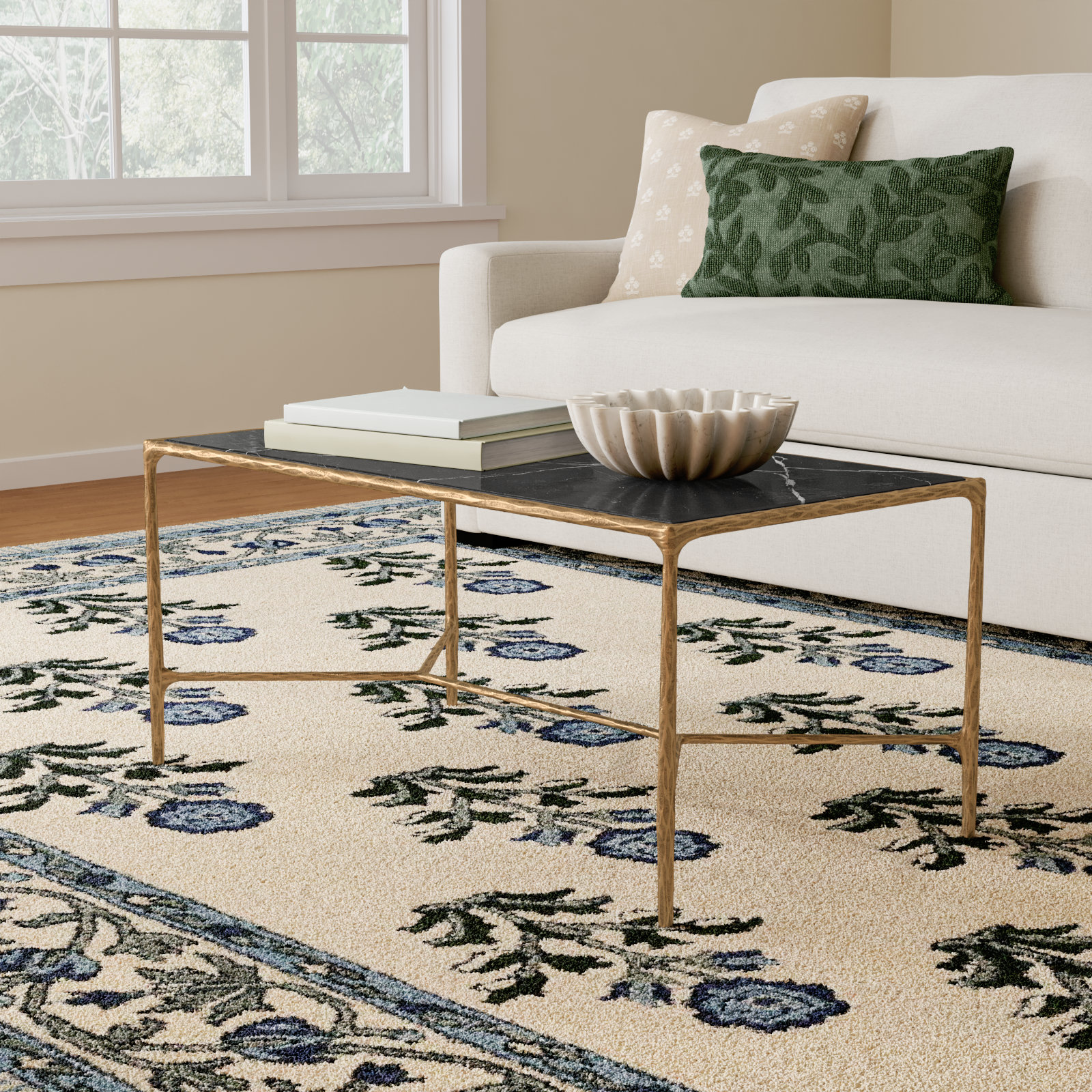 Evelynn 40" Glass Coffee Table, Brass, Black Marble