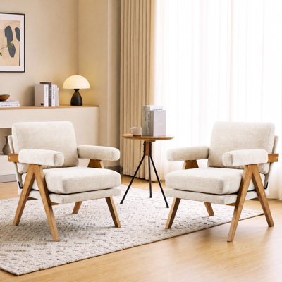 Fauteuil d'appoint rembourré de style Mid-Century en chenille moderne, fauteuil de détente à accoudoirs ronds avec structure en bois d'hévéa massif, finition noyer, fauteuil de lecture confortable pour le salon, la chambre à coucher et le coin lecture
