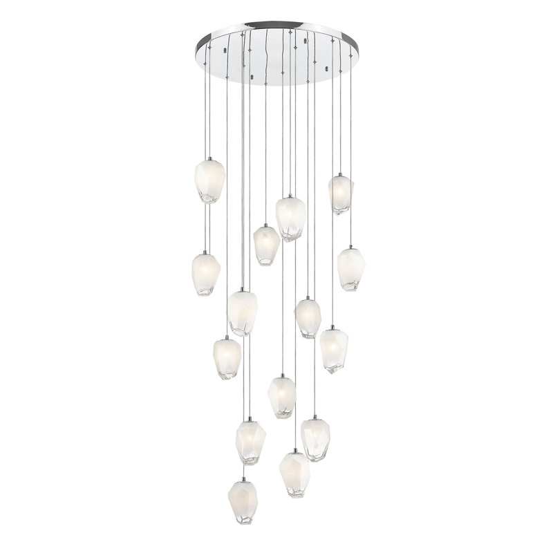 15-Light Chrome Chandelier With White Glass Pendants, Chrome