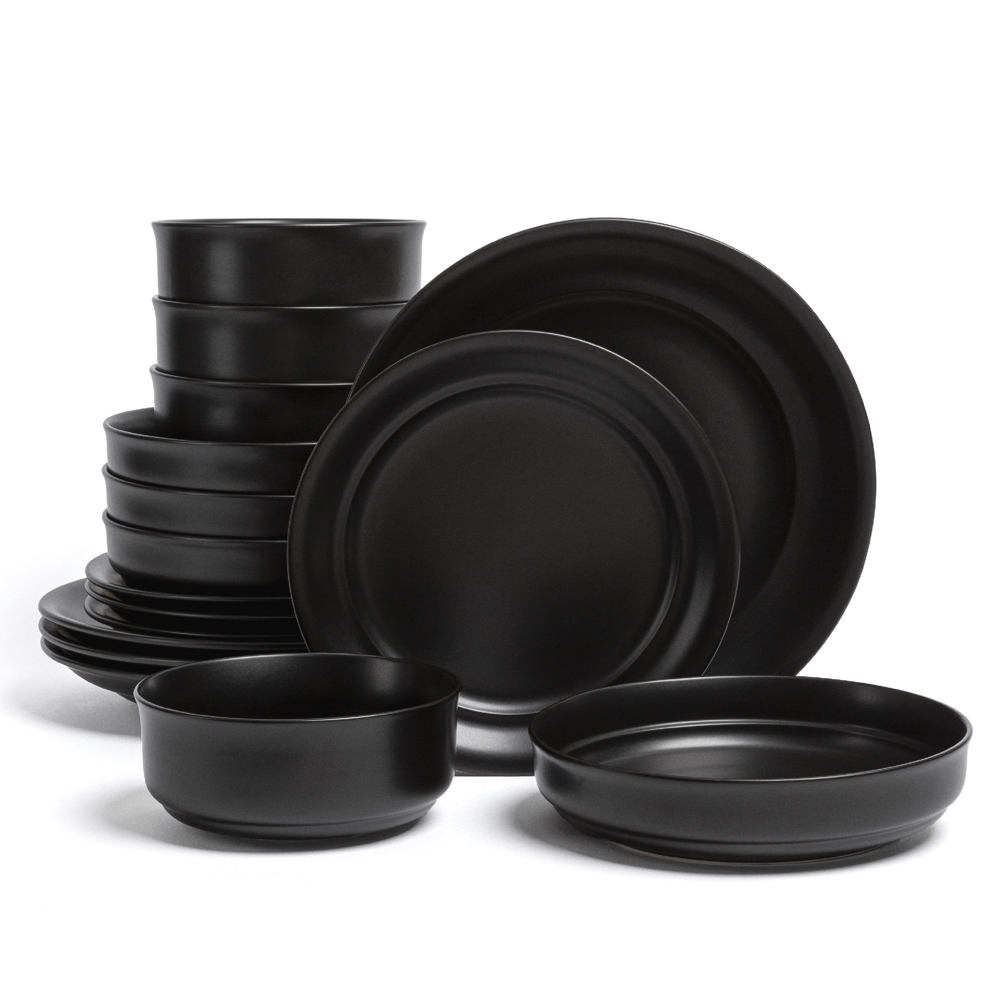 over&back Rimmed 16-Piece Semi Hand-Finished Stoneware Dinnerware Set, Service for 4, Black