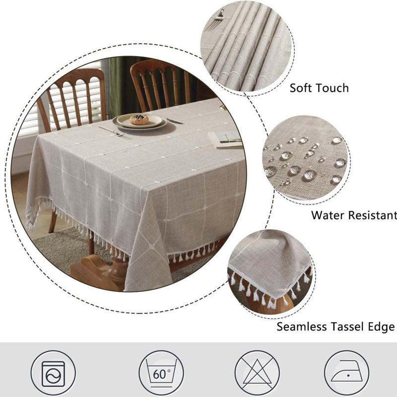 Rustic Cotton Linen Table Cloth,Tablecloths For 6 Foot Rectangle Tables,Waterproof Washable Tablecloth With Tassel Rectangle/Oblong, 55''X 86'', 6-8 Seats