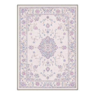 Abadou Floret Vintage Floral Medallion Machine Washable Beige / Blue Indoor Area Rug with Non-Slip Backing