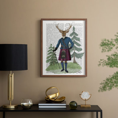 Scottish Deer Laird Tam OShunter, complet, reproduction d'art encadrée - bois massif
