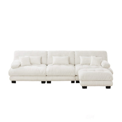Luxury Modular Sectional Sofa Couch, Oversized L Shaped Cloud Couch For Living Room, Deep Seat Sofa With Convertible Ottoman, Chenille White