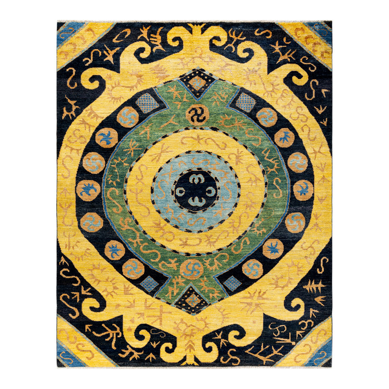 Tapis moderne, unique en son genre, noué à la main - noir / jaune / vert, 9 pi 4 po x 11 pi 10 po