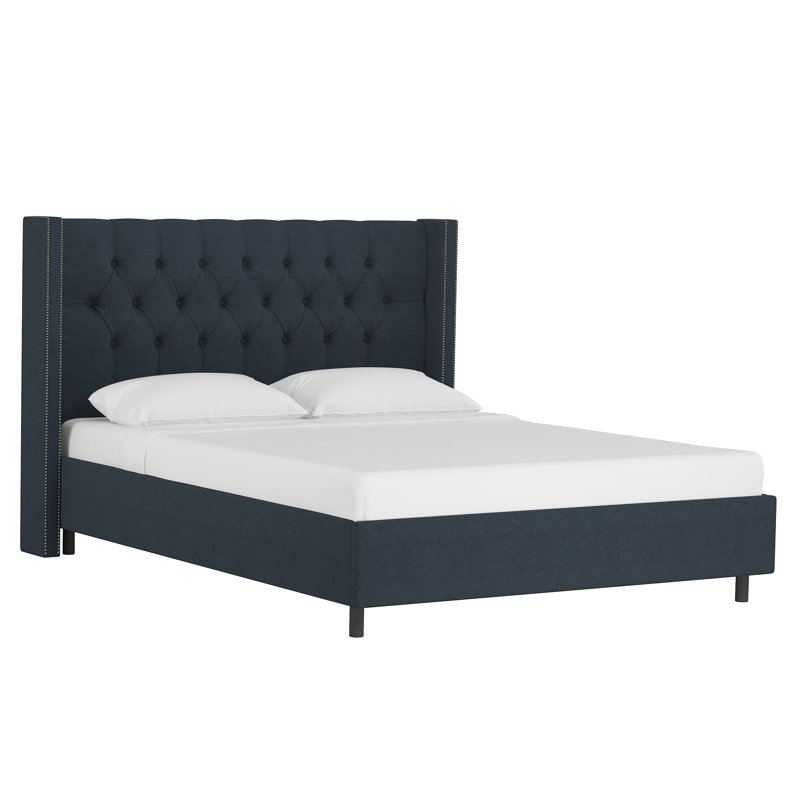 Lit plateforme à profil bas Georgiana, Lin bleu marine classique, Double