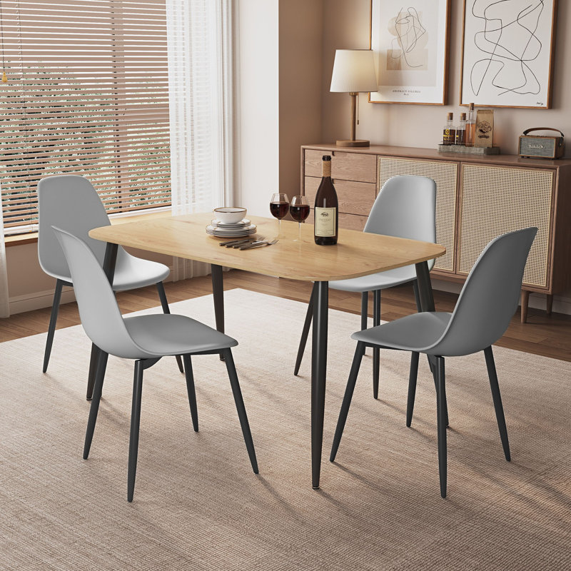 Huetter 5-Piece Casual Dining Set - Spacious Rectangular Table & 4 Curved Plastic Chairs, Beige, Grey