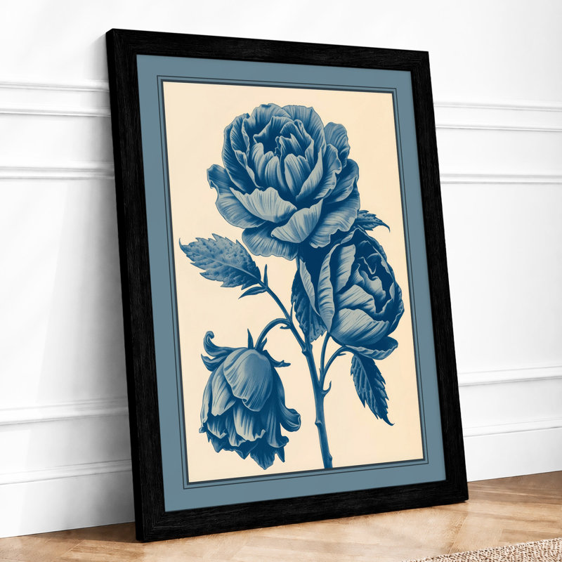 Rose in Blue Botanical - Framed Print, A1 - 84.1 x 59.4 cm, Black