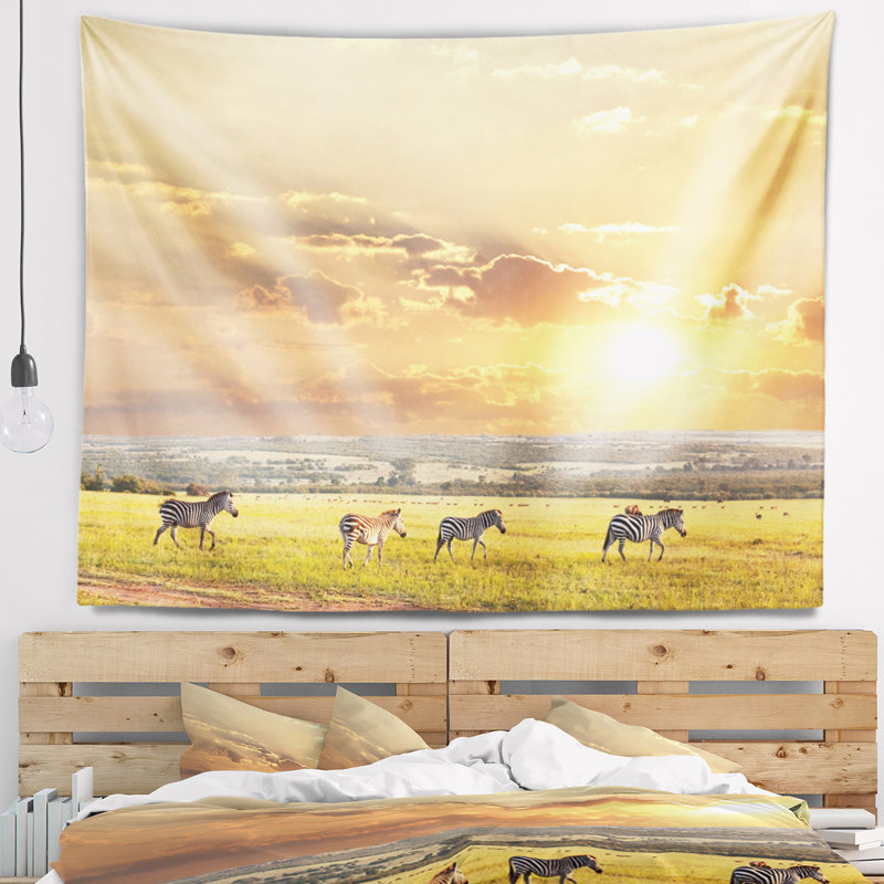 Zèbres paysager dans un tapisserie prairie africain, H 50 po x l 60 po